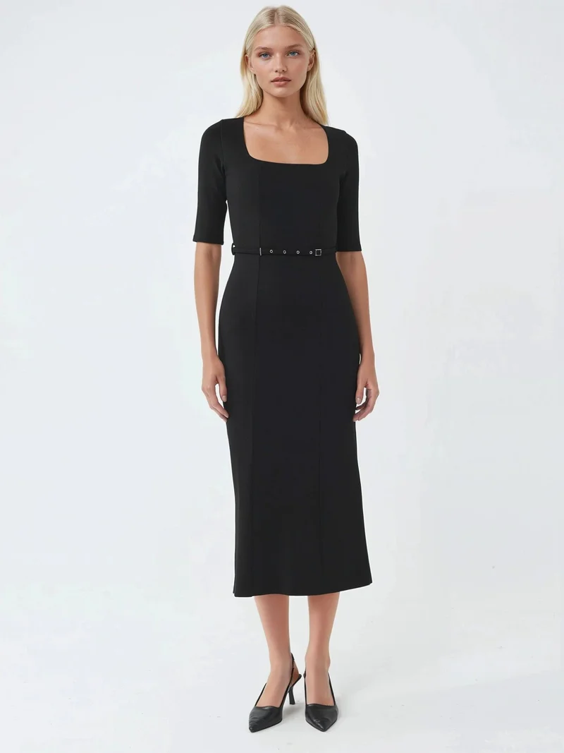 Busem Black BUSEM Belted Midi Dress with Square Collar for Women | Best Price UAE